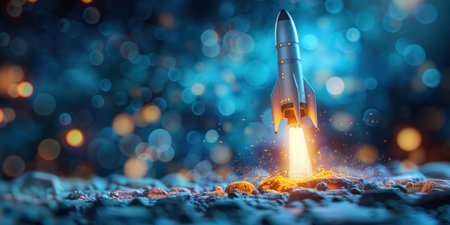 A small rocket launches into the air, leaving a trail of fire and smoke.の素材