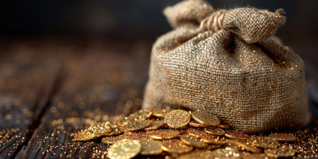 A burlap sack spilling gold coins on a wooden surface.の素材