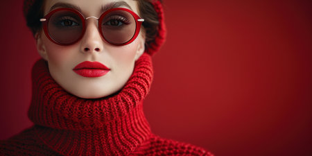 A close-up portrait of a woman wearing red sunglasses and a red knit sweater against a red background.の素材