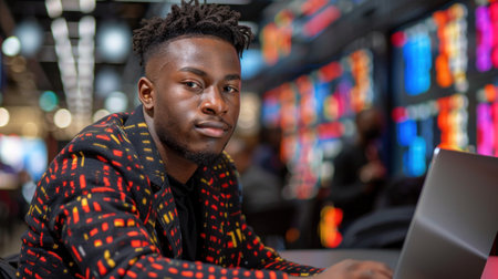 Young man with dreadlocks in patterned jacket uses laptop in colorful roomの素材