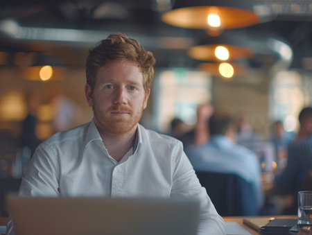 A man with red hair sits in an office setting, working on his laptop.の素材