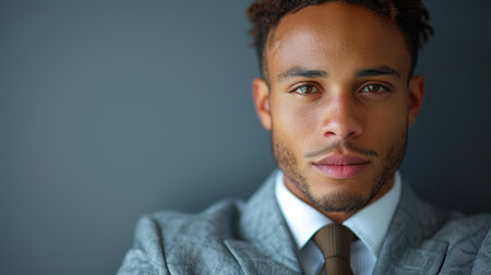 A man in gray suit, white shirt, and brown tie stars at camera with short, dark hair and a goateeの素材