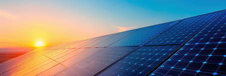 A field of solar panels captures the last rays of the setting sun.の素材