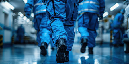 Three workers in blue jumpsuits walk through a corridor.の素材