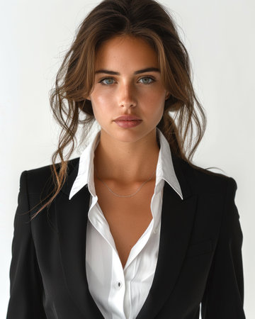 A young woman with long brown hair wearing a black blazer and white shirt.の素材