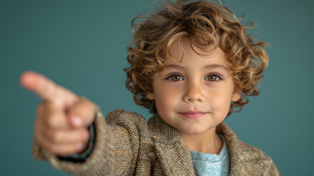 A young boy confidently gestures with a smile against a simple blue background.の素材