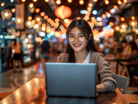 Woman working on laptop in a cafe at night with string lights and a blurry background.の素材