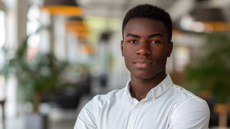 A Black man with a serious expression stands with his arms crossed in a modern office setting.の素材