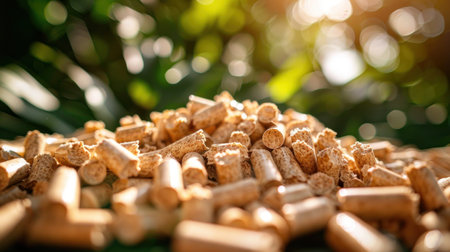 A pile of wood pellets sits outdoors in the sunlight.の素材