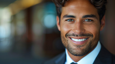 A man smiles warmly for the camera, his white teeth glaming against the backdrop of a blurred city scene.の素材