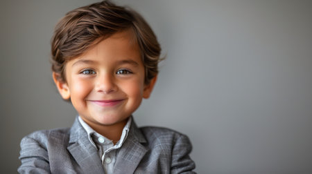 Joyful young boy in a tailored suit smiles warmly at the camera.の素材