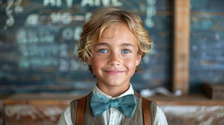 A smiling young boy stands in a vintage classroom with chalkboard and wooden decor.の素材