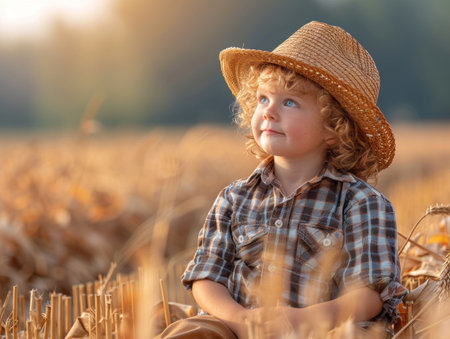 A child gazing thoughtfully in a golden wheat field during sunset.の素材