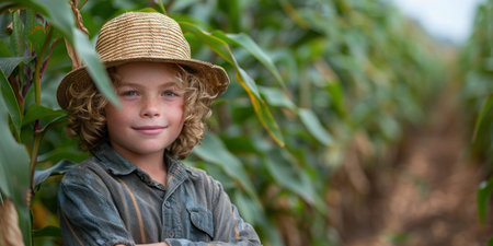 A joyful boy stands confidently among tall corn plants on a sunny day.の素材