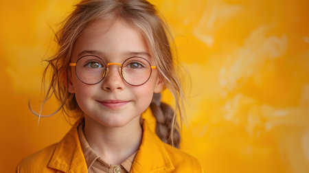 A cheerful girl poses with a warm smile in front of a bright yellow backdrop.の素材