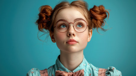 A girl with pigtails and glasses gazes thoughtfully against a bright, blue backdrop.の素材