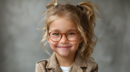 A cheerful girl wearing glasses smiles warmly in a stylish indoor environment.の素材