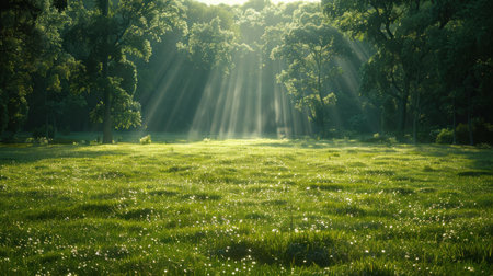 Sunlight streams through trees, creating a serene atmosphere in the green meadow.の素材