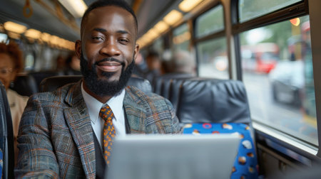 A man in formal attire uses his laptop during a bus commute.の素材
