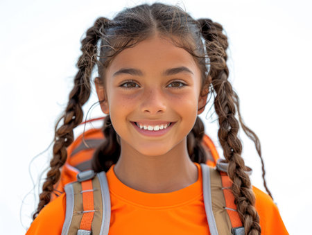 A cheerful girl stands outdoors with a backpack, enjoying a sunny day.の素材