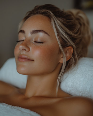 A woman enjoys a rejuvenating spa treatment while relaxing in a tranquil environment.の素材