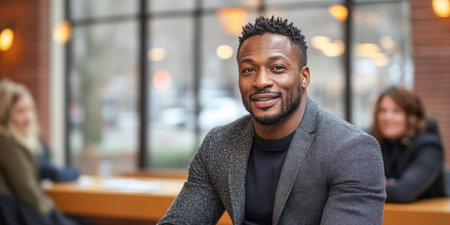 A man in a gray blazer smiles warmly at a coffee shop table.の素材