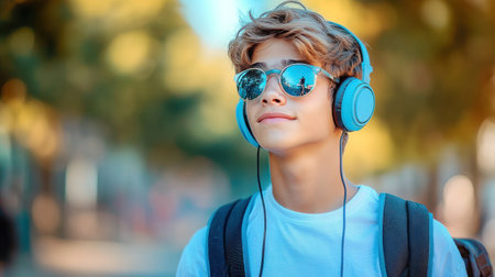 A young boy smiles while listening to music in a vibrant park filled with greenery.の素材