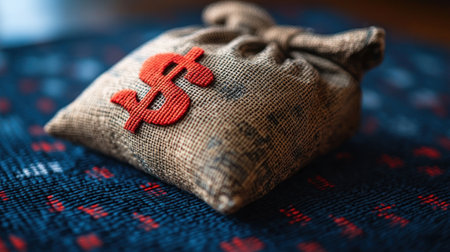 A burlap bag with a dollar sign resting on a colorful, textured fabric.の素材