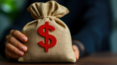 A hand presents a burlap bag adorned with a dollar sign, symbolizing wealth.の素材