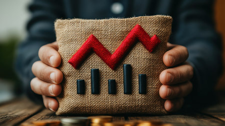 A person presents a burlap bag featuring a chart, symbolizing market trends and financial growth.の素材