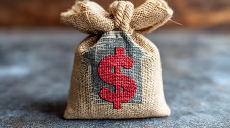 A burlap bag marked with a dollar sign is filled with currency on a wooden surface.の素材