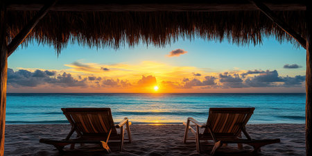 Two beach chairs overlook a stunning sunset on a tranquil ocean horizon.の素材