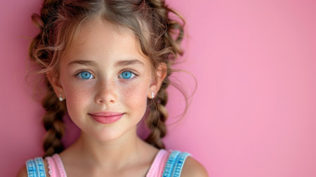 A joyful girl with striking blue eyes smiles brightly at the camera, creating a cheerful mood.の素材