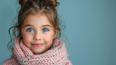 Bright-eyed girl with a cute smile wearing a pink scarf poses against a pastel blue backdrop.の素材