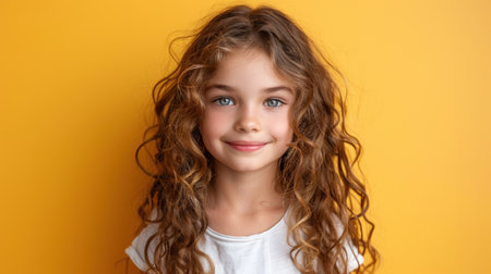A cheerful young girl with curly hair smiles warmly at the camera.の素材