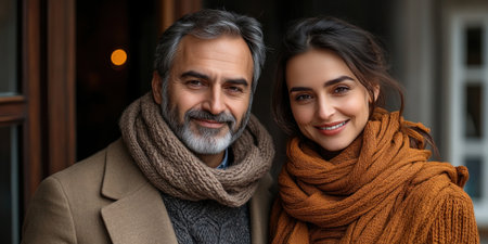 A happy couple stands close, dressed in warm scarves, enjoying a moment indoors.の素材