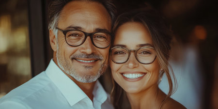 A couple enjoys each other's company, beaming with joy in a beautiful cafe setting.の素材
