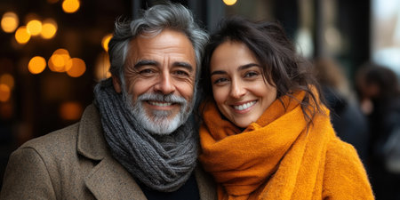 A joyful couple stands together, wrapped in scarves, smiling warmly in a cafの素材