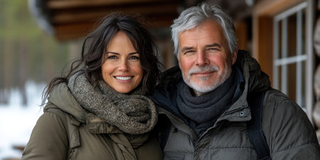 A happy couple poses warmly together in winter attire at a snowy cabin.の素材