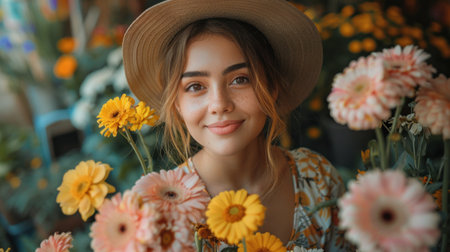 A young woman enjoys a sunny day among vibrant flowers, radiating joy and warmth.の素材
