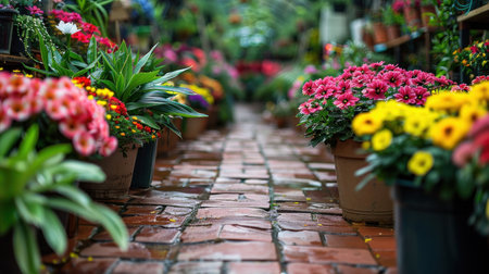 A vibrant garden center features flowers lining a brick path after a refreshing rain.の素材
