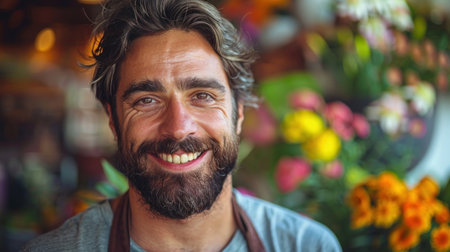 A cheerful florist poses in a flower shop filled with colorful flowers and greenery.の素材