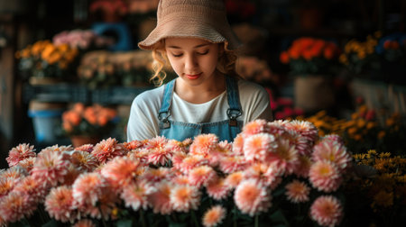 A girl carefully selects flowers in a bustling flower market filled with colors.の素材