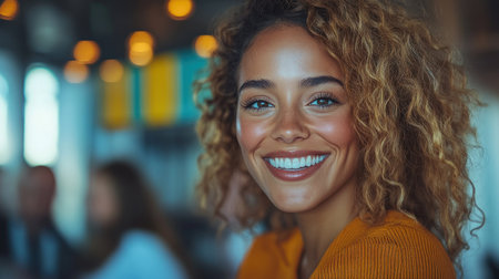 A woman with curly hair smiles warmly in a lively cafの素材