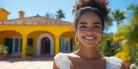 Brightly lit outdoor portrait of a woman smiling in front of a vibrant villa.の素材