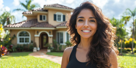 A cheerful woman stands in front of her home, enjoying the sunny weather and vibrant surroundings.の素材