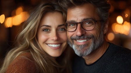 A joyful couple shares a warm smile while enjoying a meal together.の素材