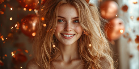 A cheerful young woman smiles amid golden lights and autumn decorations.の素材
