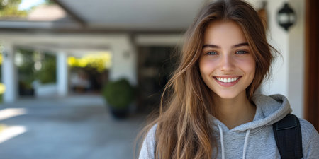 A young woman smiles brightly while standing outside a stylish home.の素材