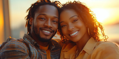 A happy couple shares a moment together as the sun sets over the ocean.の素材
